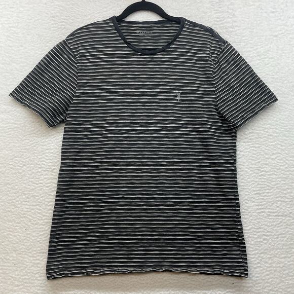 AllSaints Shirt Mens Large Black Striped Short Sleeve Crew Logo Point Modal Tee - Picture 1 of 9